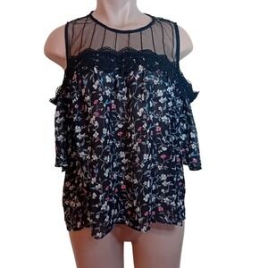 Women's Off Shoulder Sheer Flowy Oversized Boho‎ Bohemian Cottage Floral Top OS